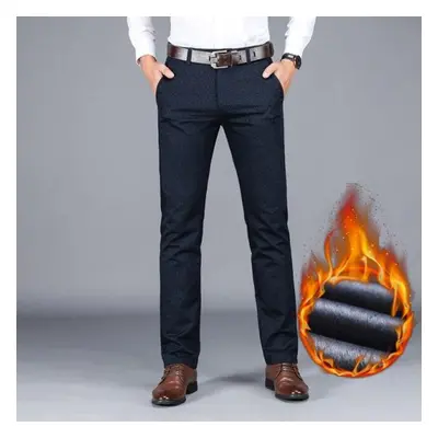 (dark blue, 40) Men Pants Winter New Business Casual Fleece Trousers Fashion High Quality Elasti