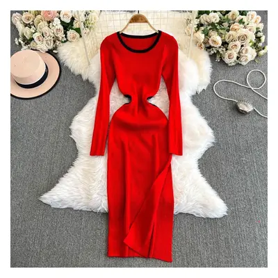 (red, One Size) Fashion Vintage Sweater Midi Dress Autumn Winter New Sexy Split Slim-fit Knitted