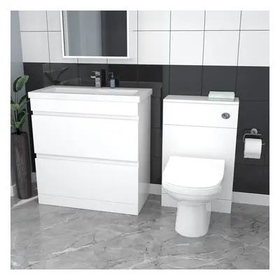 Nes Home White Floor Standing 800mm Vanity Unit Drawers, WC Unit & BTW Toilet