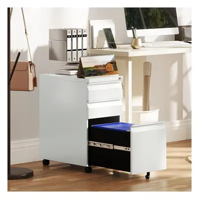 Vinsetto Steel File Cabinet with Lock and Wheels for Home Office, White