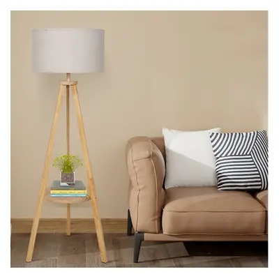 Tripod Floor Lamp Lounge Reading Light with Storage Shelf Linen Shade Beige