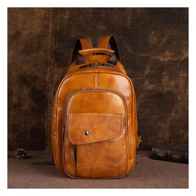 (brown) Johnature Retro Men Mini Backpack Genuine Leather Multifunctional Bag First Layer Cowhid