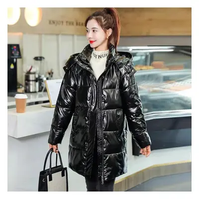 (black, XXL) Down Cotton Jacket Winter Thicken Warm Loose Fashion Color Glossy Disposable Stand 