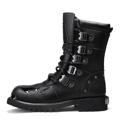 (black, 42) Men&apos;s High-top Leather Fashion Non-slip Anti-collision Motor Vehicle Boots