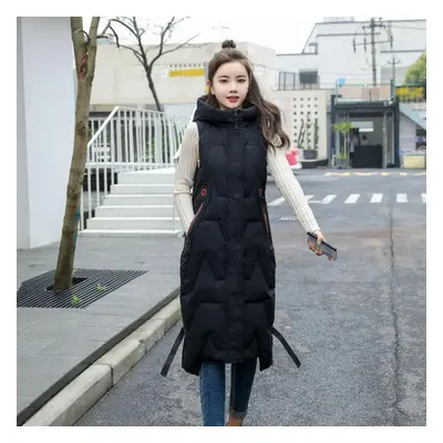 (black, XXL) Winter Long Vest Women&apos;s Solid Hooded Pockets Zipper Padded Ladies Casual Slee