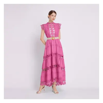 (pink, XXL) Summer French Vintage Long Maxi Holiday Dress Hollow Out Embroidery Lace High Qualit