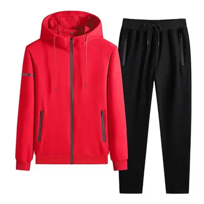 (red, XXXL) Spring Men&apos;s Large Size Hooded Suit Cardigan Sweatshirt Sports Pants Suit