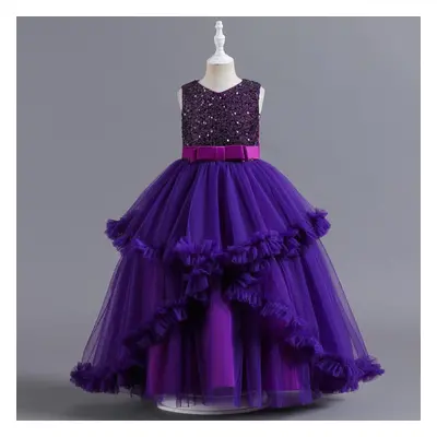 (dark purple, 140) Cuhk Girls&apos; Dress Princess Dress Solid Color Sequins Sleeveless Evening 