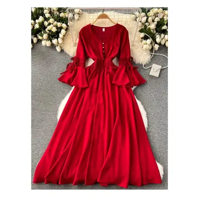 (claret, One Size) Spring Autumn New Fahison Candy Color Long Dress Women Elegant V-neck Flare S