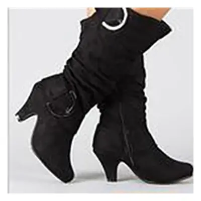 (black, 34) Women Mid Calf Boots Round Toe Block Mid Heels Pleated Buckle Zipper Ladies Fashion 