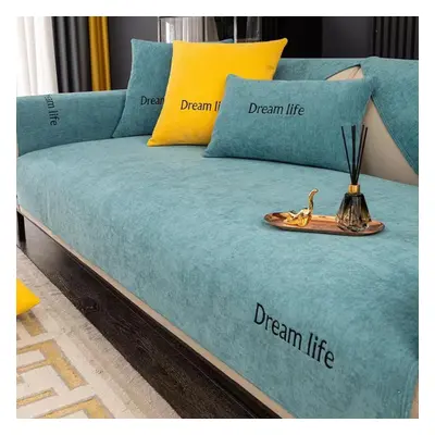 (cyan, 110x210cm) Chenille Modern Sofa Cover Four Seasons Universal Embroidery Solid Color Sofa 