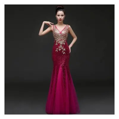 (dark red, M) Wtempo Women&apos;s Sleeveless V-neck Fishtail Evening Dresses Wedding Reception D