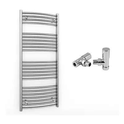 (550 x mm (BTU: 1448), With Angled Valves) 550mm Wide Chrome Curved Towel Rail Radiator With Val