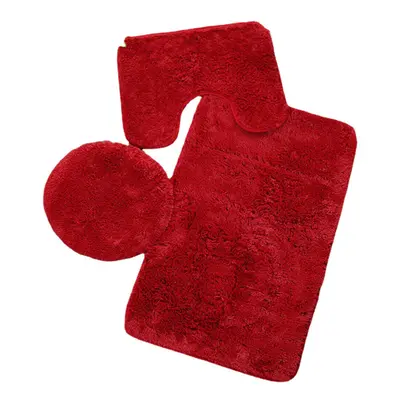 (Red) 3PCS Solid Color PV Velvet Bathroom Mat Set Anti-slip Floor Rug Lid Toilet Cover