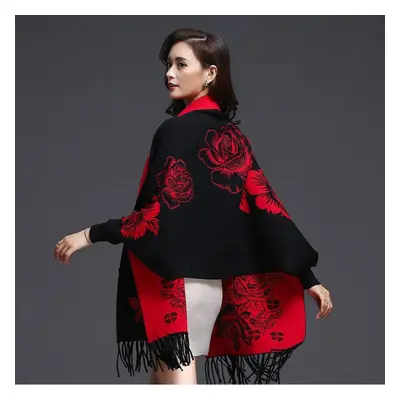 (black, One Size) New Cashmere Tassel Poncho Shawl Dual-purpose Scarf Women Knitted Sweater Top 