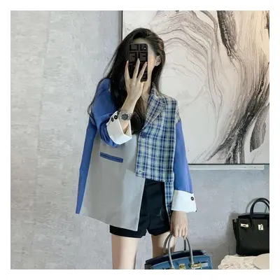 (blue, M) Fashion Splicing Lattice Loose Blazers For Women Formal Asymmetrical Coat Office Lady 