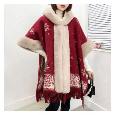 (red, One Size) Winter Cardigan Tassel Shawl Cloak Coat Women Wool Collar Wool Coat Warm And Col