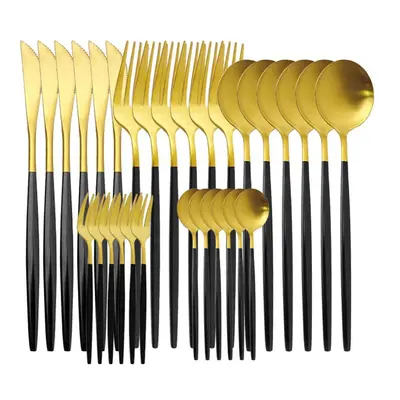 (black,gold) 30pcs Matte Green Gold Cutlery Set Flatware Stainless Steel Dinnerware Kitchen Silv