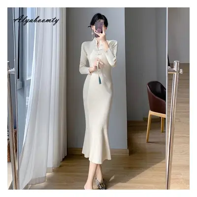 (as the picture, One Size) Chinese Style Autumn Winter Women Sweater Dress Stand Collar Pink Bei