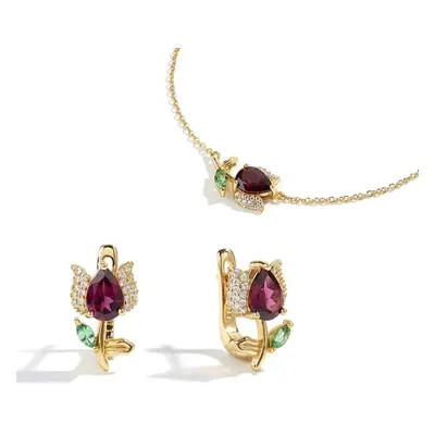 (purple, m) Gorgeous Fashion Flower Design Natural Rhodolite Garnet Earrings Necklace Set Sterli