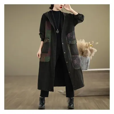 (as the picture, L) Vintage Patchwork Loose Coat With Hooded Denim Jacket For Women, Autumn Outw