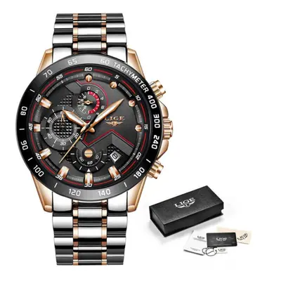 (Rose Gold Black) Lige Luxury Fashion Sports Chronograph Quartz Men Watch