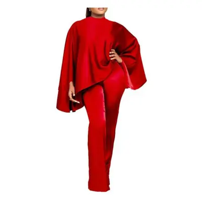 (red, XL) 2pcs/set Women Faux Satin Outfit O-neck Batwing Long Sleeve Loose Tops High Waist Long