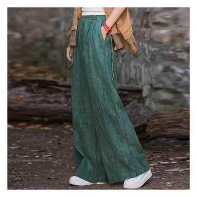 (green, One Size) Johnature Women Vintage Tie-dye Wide Leg Pants Elastic Waist Autumn Trouser Lo