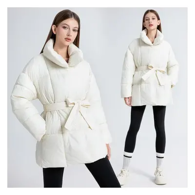 (beige, M) Autumn Winter Warm Jacket Women Solid Color Slim Medium Long Stand Collar Coat Parkas