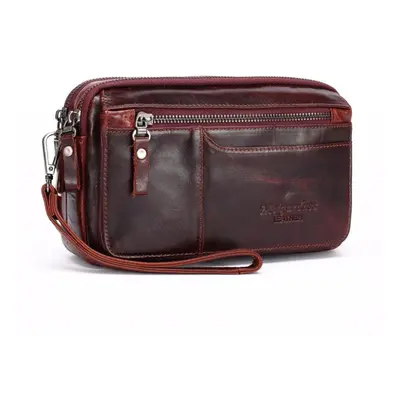 (red) Fashion Genuine Cow Leather Men&apos;s Leather Clutch Purse Wallet Men Wrist Bag Business 