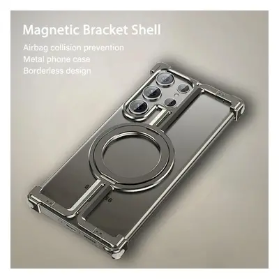 (gold, iphone 15pro) Luxury Magsafe Magnetic Metal Rimless Stand Phone Case For Samsung Galaxy S