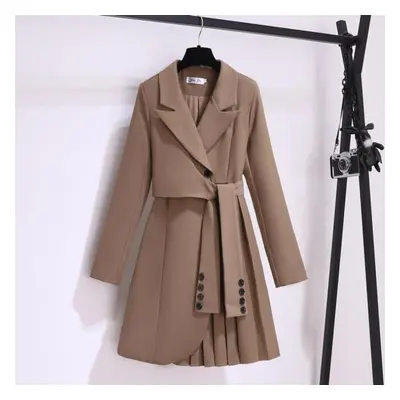 (khaki, L) Spring Autumn Fashion Office Lady Slim Mini Pleated Blazer Dress Women&apos;s Lace Up