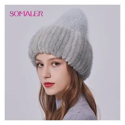 (light grey) Somaler Winter Angoro Wool Knit Hats With Real Mink Fur Strips Brim Cuff Beanie For