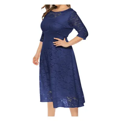 (navy blue, 5XL) Plus Size Xl-6xl New Fashion Popular Evening Dress Medium Length Hollow Lace Wo