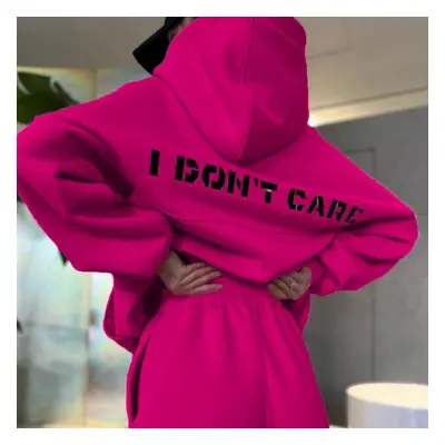 (rose red, M) Women Print Long Sleeve Hooded O Neck Hoodies Suit Autumn Winter Loose Top Wide Le