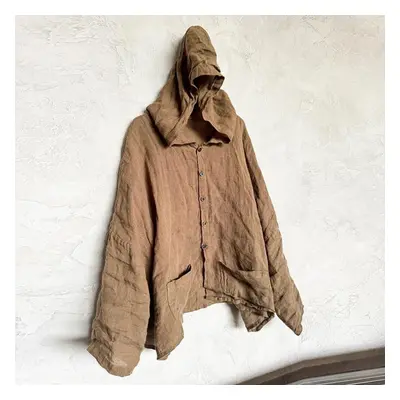 (khaki) Johnature Women Vintage Hooded Shirts Solid Color Patchwork Pockets Spring Chinese Style