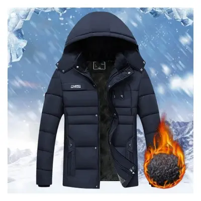 (blue, L) Winter Trendy Cold Proof Hood Jacket Outwear Washable Men Thermal Coat Solid Color For