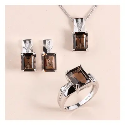 (silver, US RING SIZE 10#) Bolaijewelry Classic Design Natural Smoky Quartz Jewelry Set Ring Ear