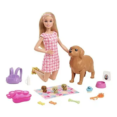 Doll and Accessories Playset with Blonde Doll, Mommy Dog, Puppies and Pieces, Newborn Pups Set, 