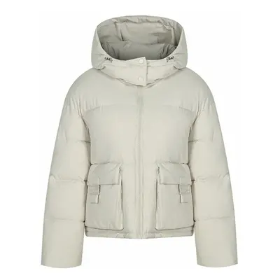 (beige, L) Women Autumn Winter Soild Color Thicken Outwear Cotton Padded Hooded Warm Long Jacket