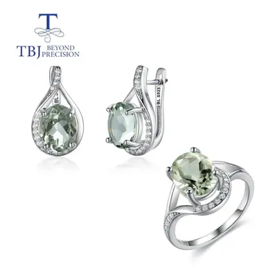 (green, us ring size 7#) Natural Green Amethyst Jewelry Set 10ct Oval 8*10mm Earring Ring Sterli