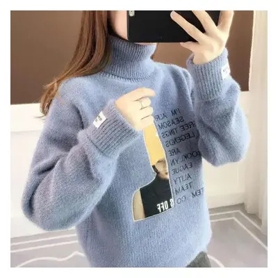 (blue, M) Turtleneck Sweater Winter Faux Mink Velvet Chenille Lazy Wind Pullover Bottom Knit Swe