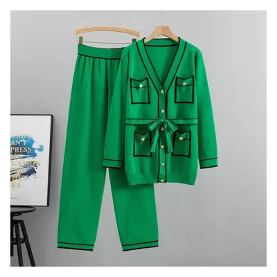 (green, M) Autumn And Winter Women&apos;s Knitted Suit Cardigan Wide Leg Pants Suit Temperament 