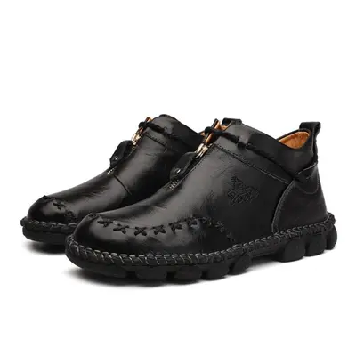 (black, 41) Men&apos;s Leather Large Size Ankle Boots High Top Handmade Casual Leather Shoes