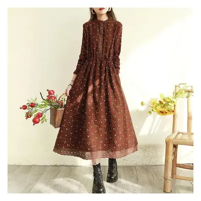 (brown, M) Cotton Linen Print Dress For Women Japanese Mori Girl Art Floral Dress Loose Long Sle