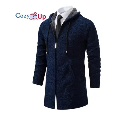 (blue, L) Cozy Up Men Fleece Windbreaker Thick Long Trench Coat Solid Winter Cardigan Casual Hoo