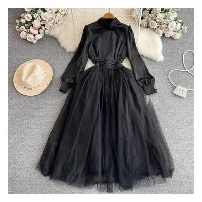 (black, S) Vintage Palace Style Dress Elegant Lantern Long Sleeve Stand Neck Pleated Waist A-lin