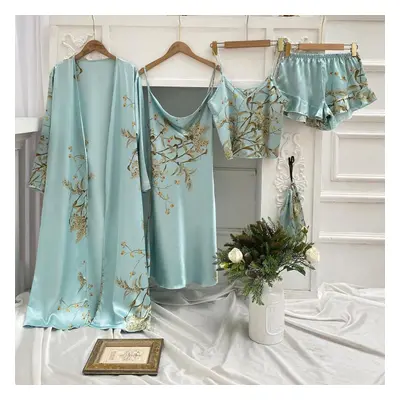 (light green, XL) Women&apos;s Long Bathrobe Set Silk Spring Autumn Floral Print Ladies Dressing