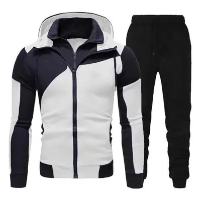 (white, L) Men Autumn Winter Hoodie Pants Suit Fashion Hooded Splicing Zipper Coat With Elastic 