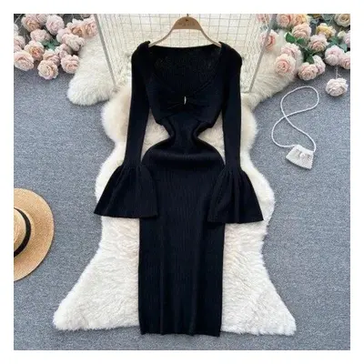 (black, One Size) Sexy Bodycon V Neck Flare Long Sleeve Knit Dress Chic Elegant Vestidos Autumn 